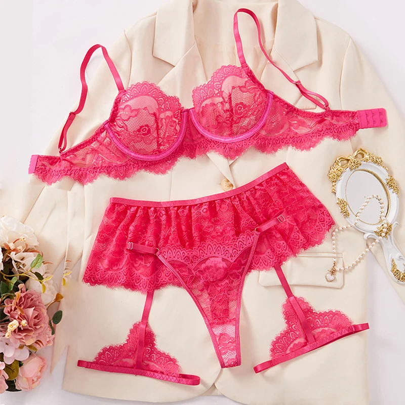 

Sexy Girl Lace Lingerie Rose Red Bra and Panty Set 3 Pieces Erotic Lingerie Fancy Underwear Summer Hot Intimate Women Lingerie