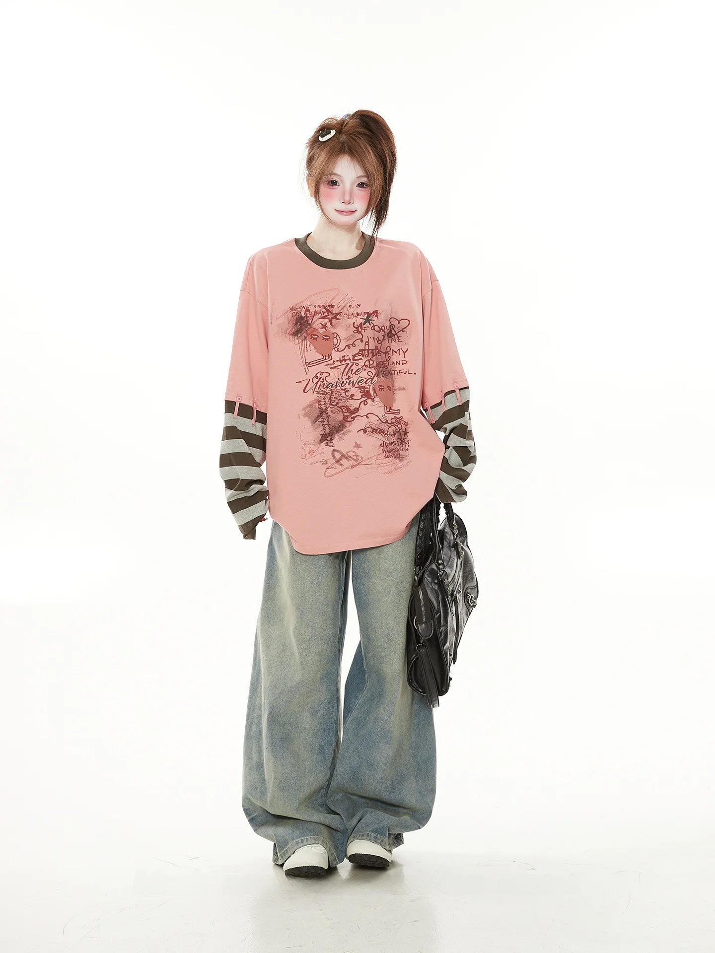 

Женская свободная футболка с длинным рукавом в стиле ретро, американский дизайн, имитация двухслойности, модный хлопковый топ для повседневной носки, весна