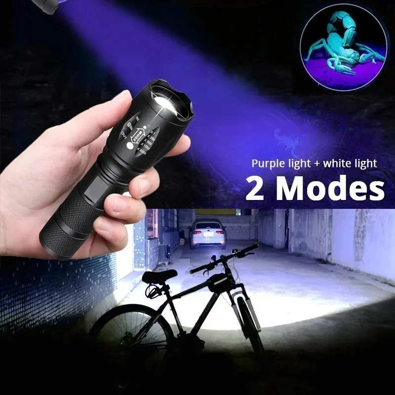 Purple White Dual Light Flashlight Ultraviolet Torch Zoom Retractable Uv Flashlight Fluorescent Agent Detection Lighting Lamp