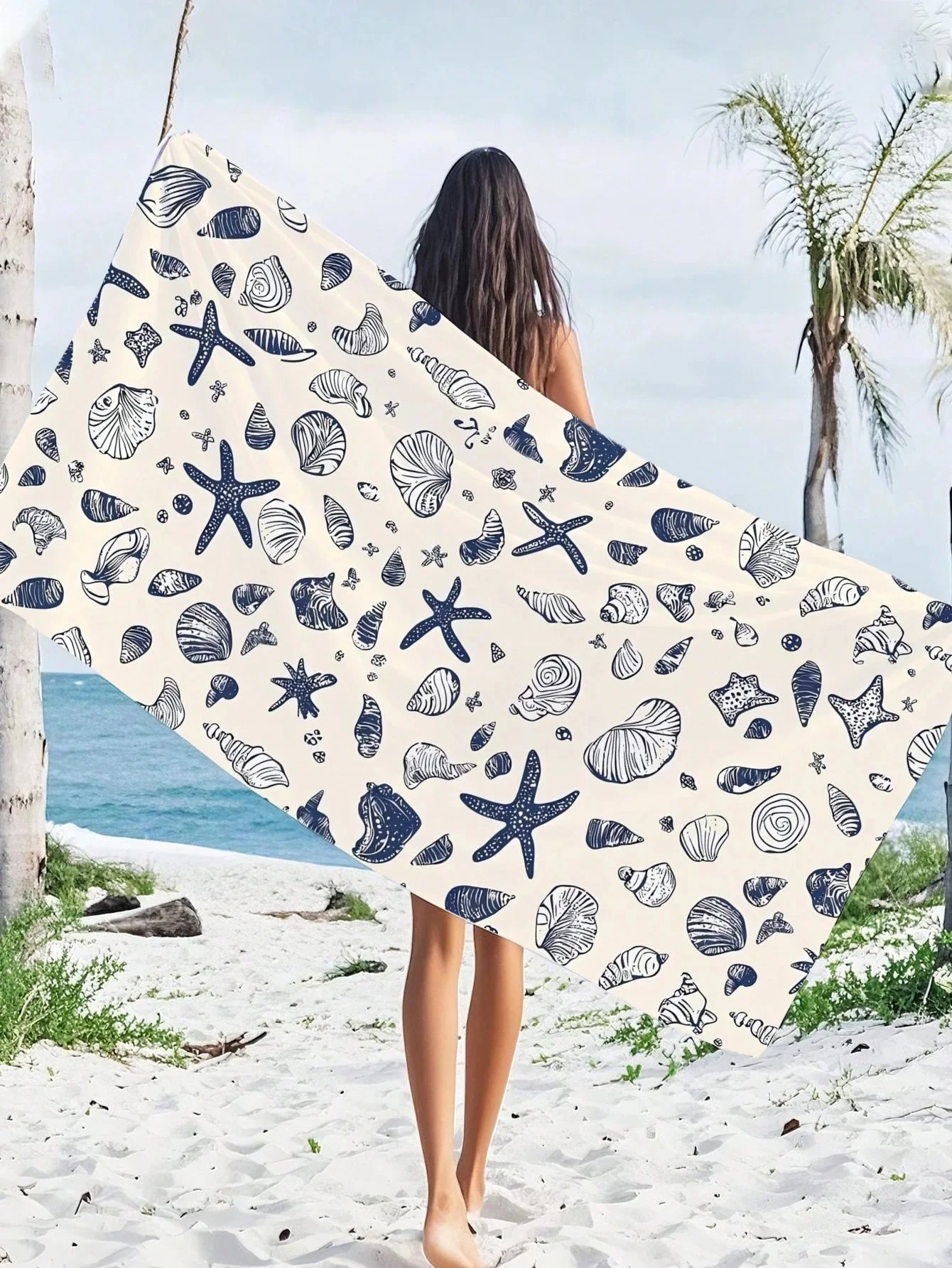 Nautical Sketch Beach Towel Navy Blue Shells And Starfish On Cream Background Elegant Maritime Decor For Pool Or Shoreline