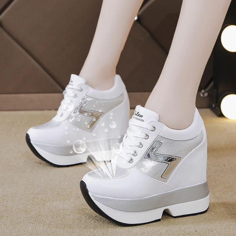 Fashion White Sneakers Women\'s Platform Wedge Casual Shoes Height Increasi Shoes 10 CM Thick Sole Chunky Sequins Lady Autumn PU