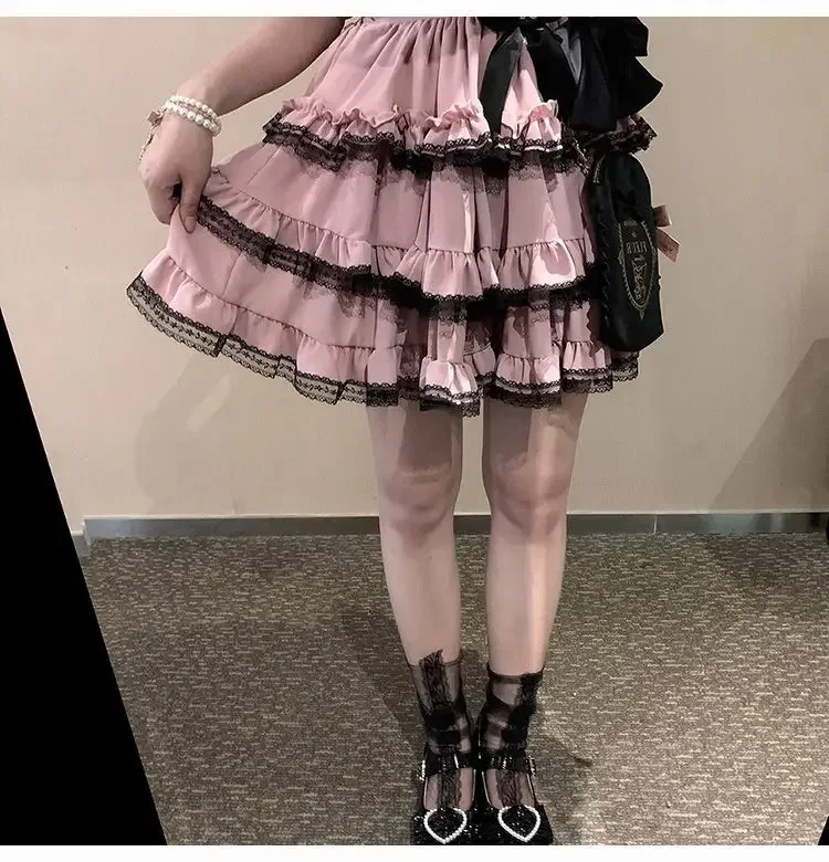 Mini falda de pastel japonesa Kawaii para mujer, negro, Casual, elegante, Lolita, Sexy, cintura alta, encaje Y2k, estética dulce, Faldas góticas