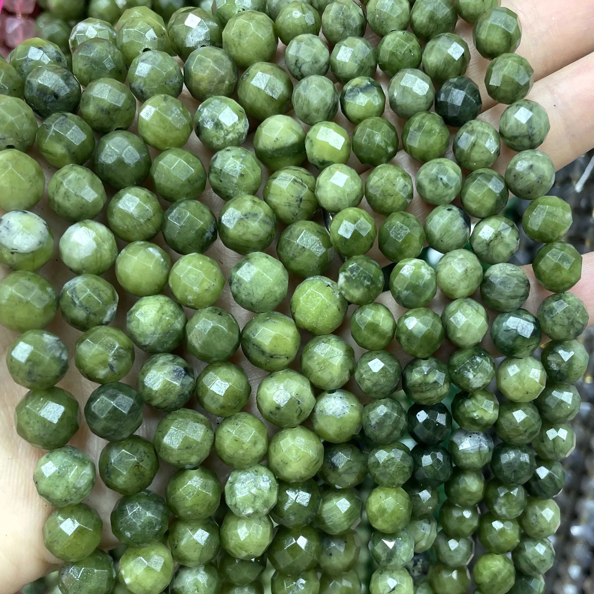 6 8 10 مللي متر الحجر الطبيعي الأوجه الأخضر Jades فضفاض خزر عازل لصنع المجوهرات سوار ذاتي الصنع إكسسوارات عقد 7.5 بوصة