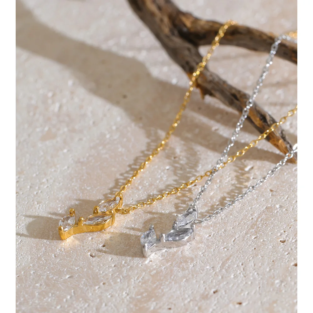 Yhpup Stainless Steel Pendant Necklace Waterproof Zirconia Leaf Drop Attractive Women Jewelry Accessories