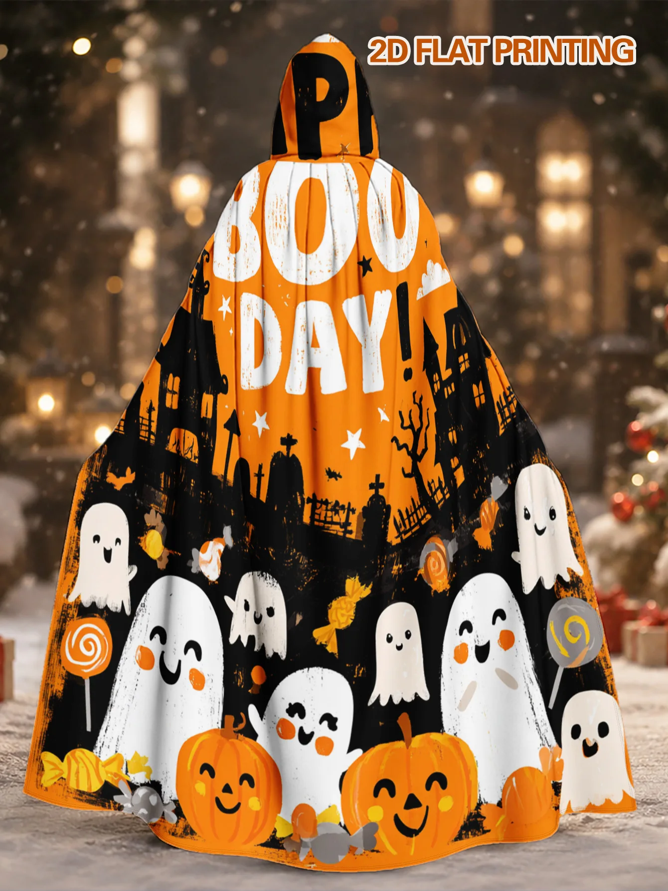 1pc Hooded Witch Cape/Halloween Ghosts And Pumpkins Pattern/Costume Robe for Men And Women/Halloween Night Events, Christmas Dre