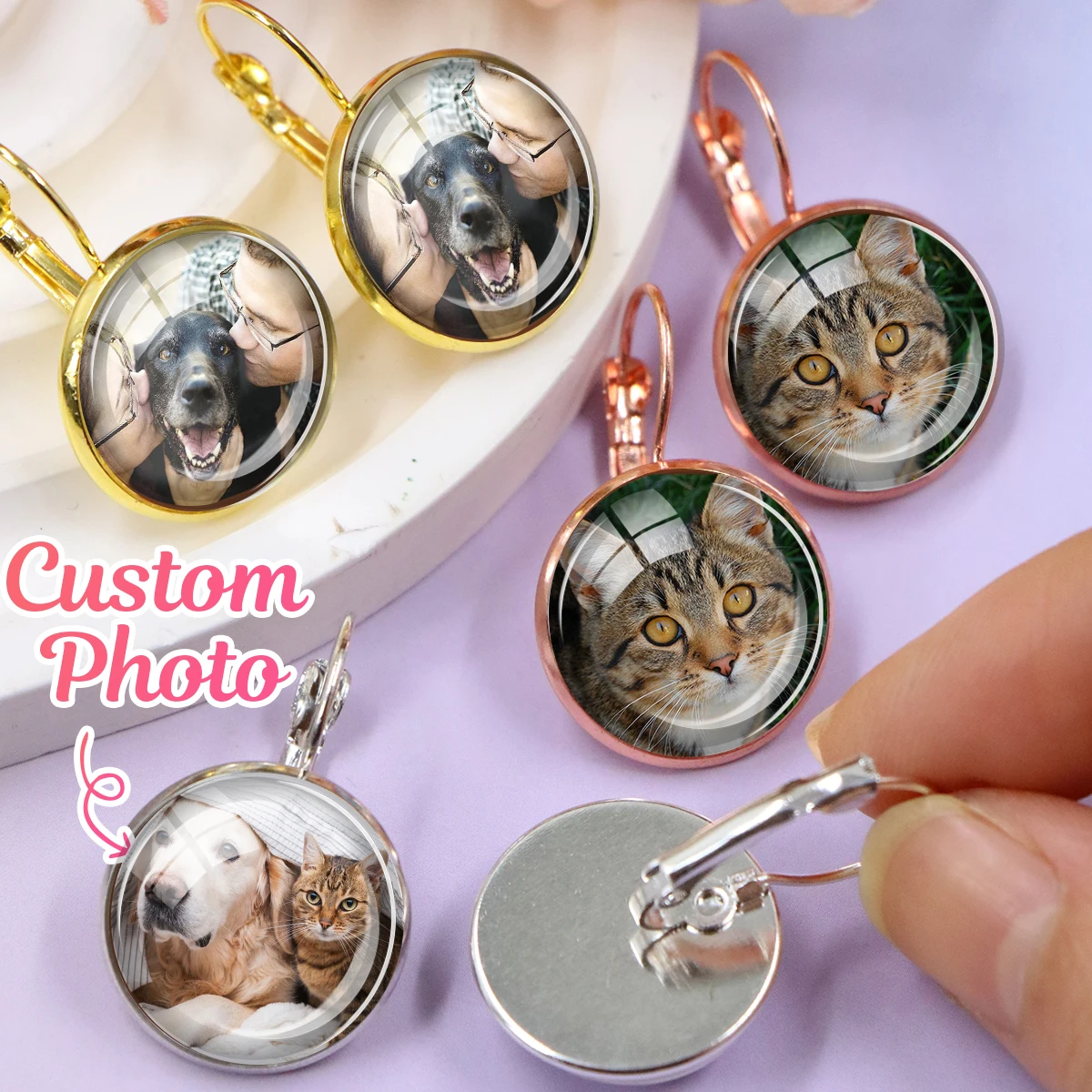 

Custom Photo Earrings, Personalized Picture Drop Earrings With Leverback Hooks, Pet Portrait Jewelry Gift For Women,