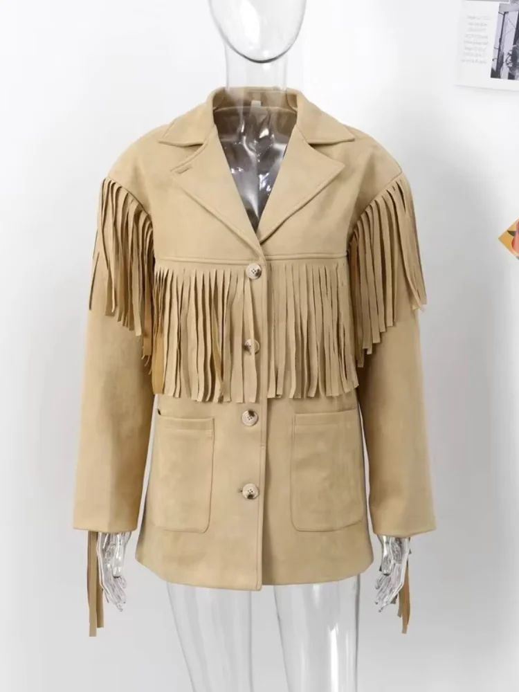 Tassels Patchwork Suede Jackets Women Fashion Button Flip Collar Pockets Loose Coats Jacket 2025 Autumn Clothing Lady Outerwears
