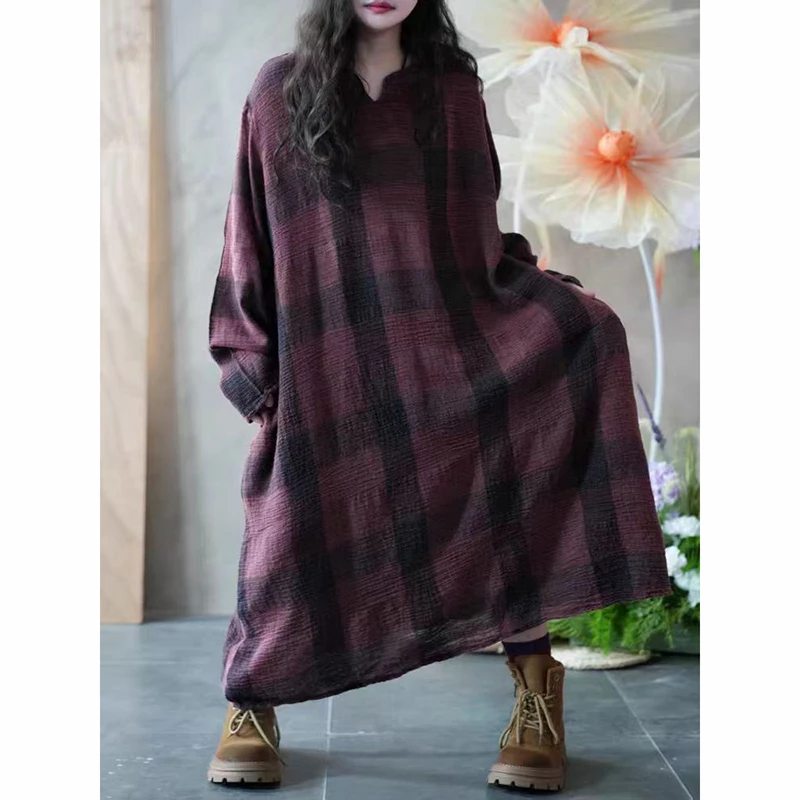 High Quality Cotton Linen Plaid Vintage A-line Long Dresses TX118 Autumn Arts Style Women Long Sleeve V-neck Loose Casual Dress