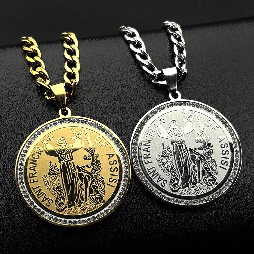 SAINT FRANCIS OF ASSISI PROTECTOR OF ANIMALS Pendant Necklace for Women Men Stainless Steel Church Rhinestones Medal Jewelry