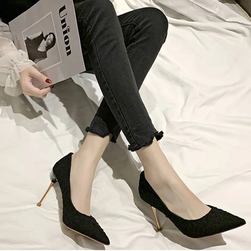 Spring 2024 New Korean Version of High Heels 9 CM Women All-match  Pointed Shallow Stiletto Black White Single Shoes Women Heels