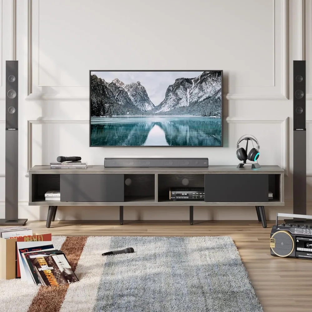 

70 Inch Mid Century Modern TV Stand for 75 Inch TVs, Low Profile Entertainment Center With Storage, Cord Management for