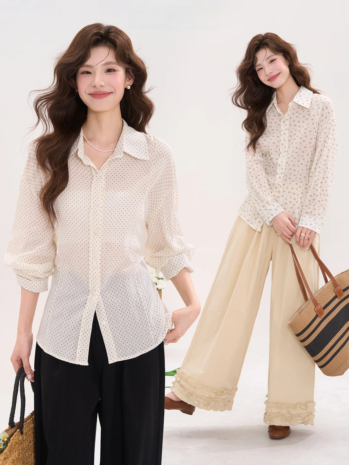 

Princess Style Long Sleeve Floral Print Cotton Shirt Women's Breathable Spring Fashionable Polka Dot Casual Top