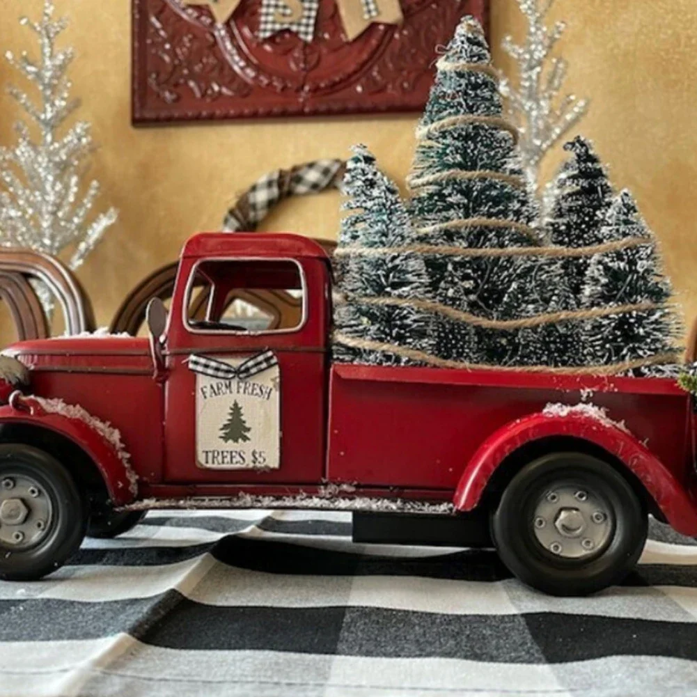 Christmas Vintage Red Truck Decorative Ornaments with Mini Tree Farmhouse Decorations Crafts for Party