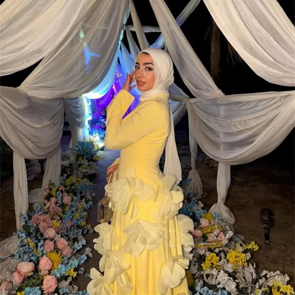 Moda romântico vestido de baile encantador sereia manga longa vestidos de noite flor applique o pescoço vestido no tapete vermelho luxo 2025