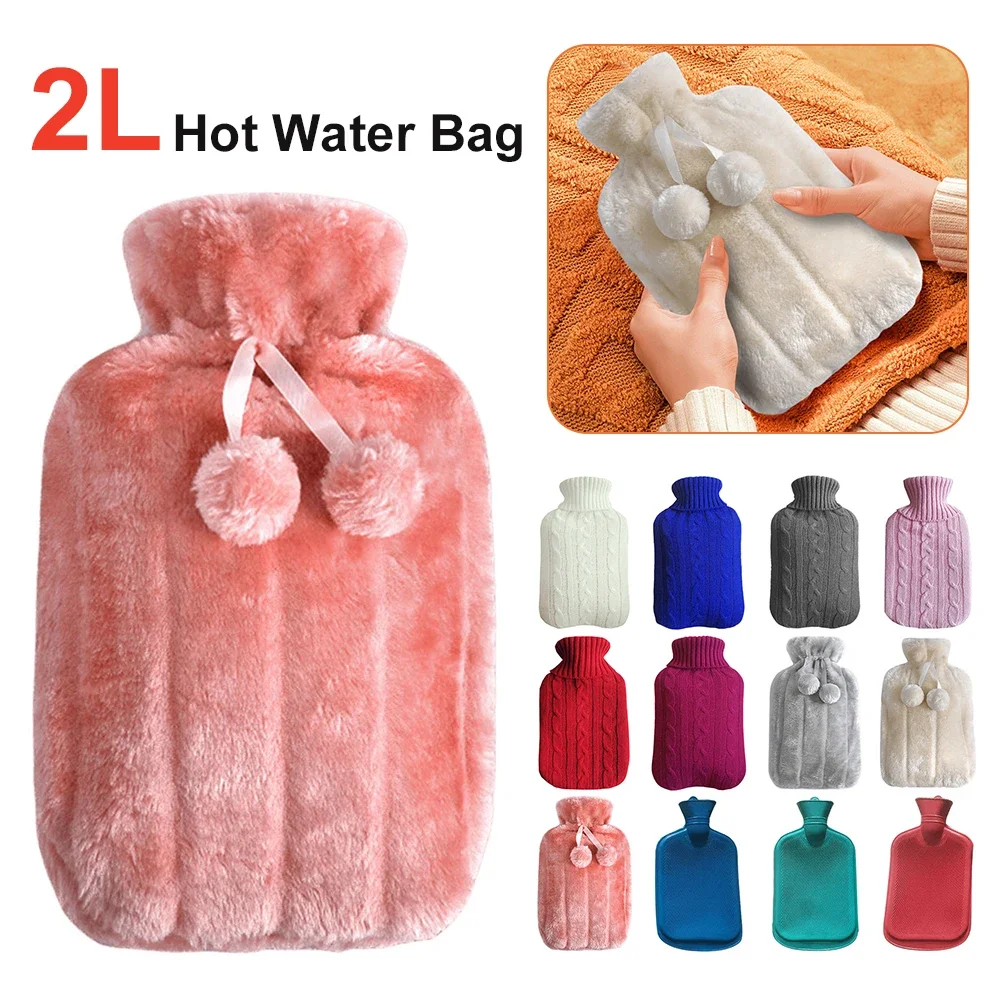 2000ml Large Hot Water Bag with Cover for Grils Winter Plush Hand Feet Warmer Explosion-Proof Water Bottle Cover for Hot Water