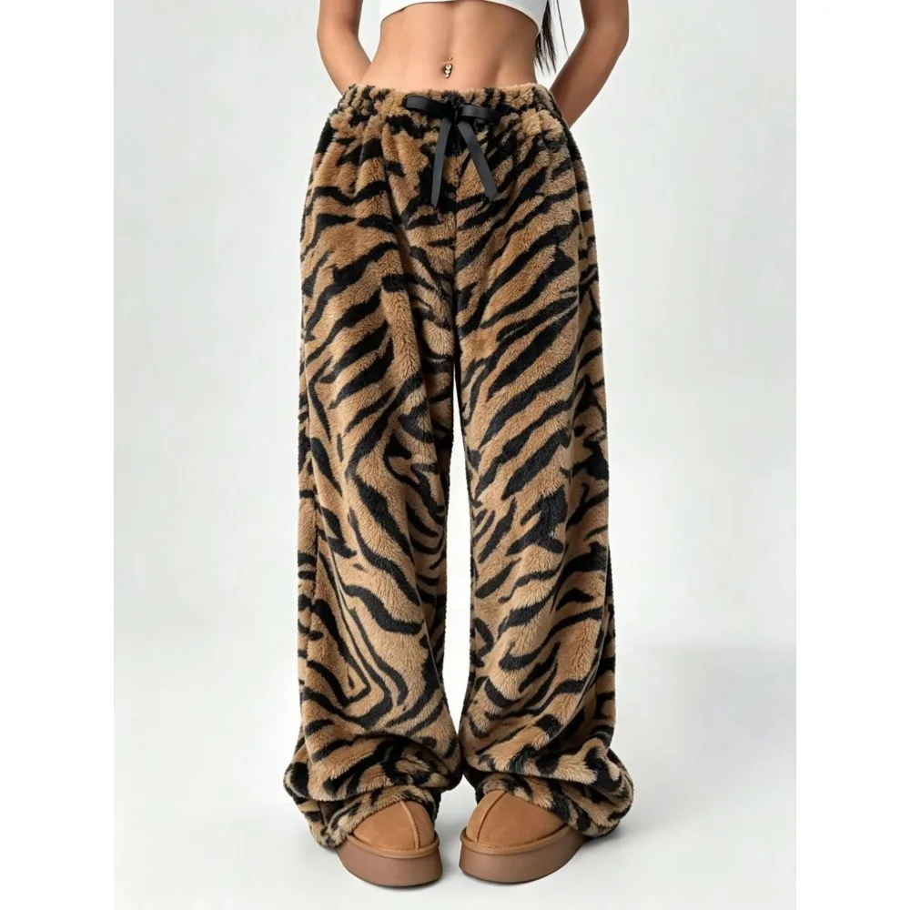 2026 New Women's Autumn and Winter Loose Plush Pants Leopard Print Casual Home and Outdoor Y2K Women's Sleeping Pants Plush