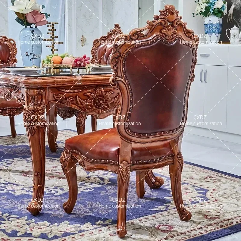 Retro Solid Wood Carved Dining Chair with Leather Upholstery Armrest Back Support for Home Office Reception Negotiation