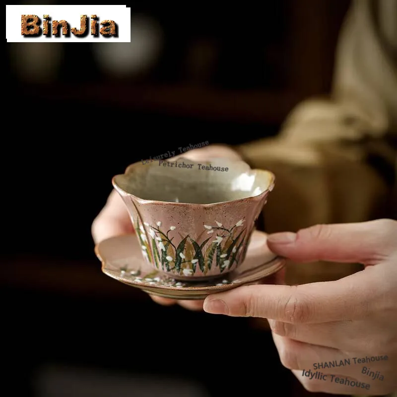 

70ml Hand Drawn Bell Orchid Tea Cup Household Master Cup Set Ancient Tea Bowl Set Teacup Holder Tea Items Accessories Craft Gift