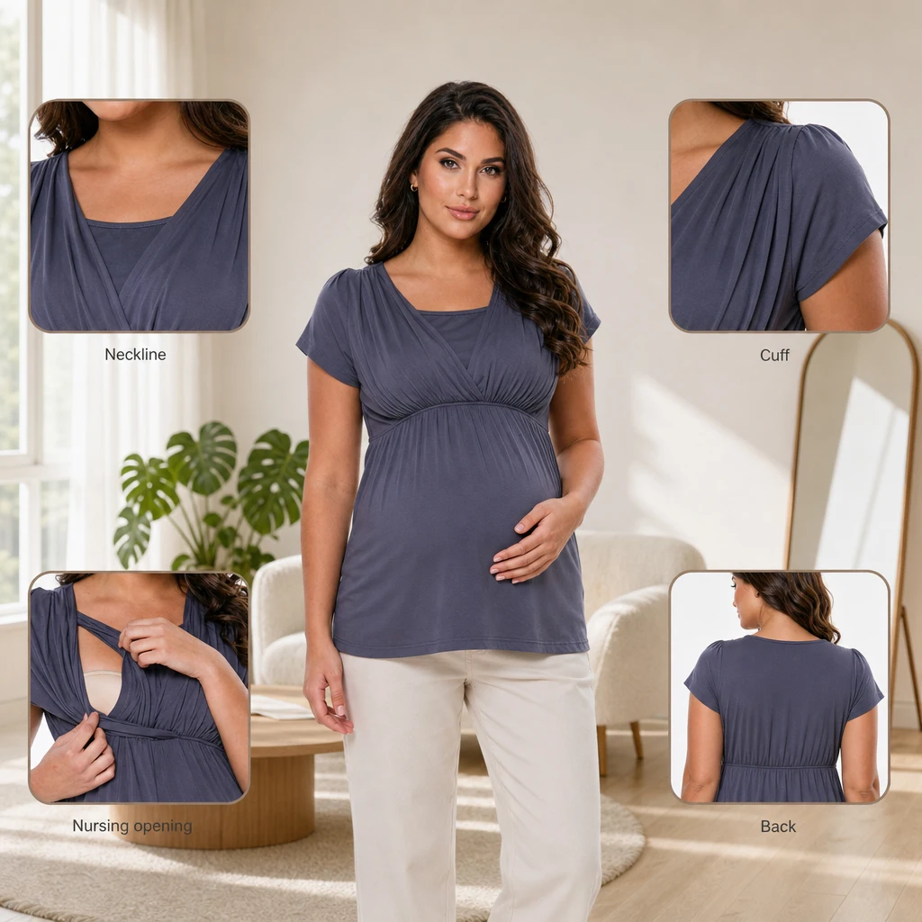 Stretchy Modal Nursing Maternity Blouse, V Neck Cross Over Opening Short Sleeve Pleated Loose Top For Breastfeeding Moms