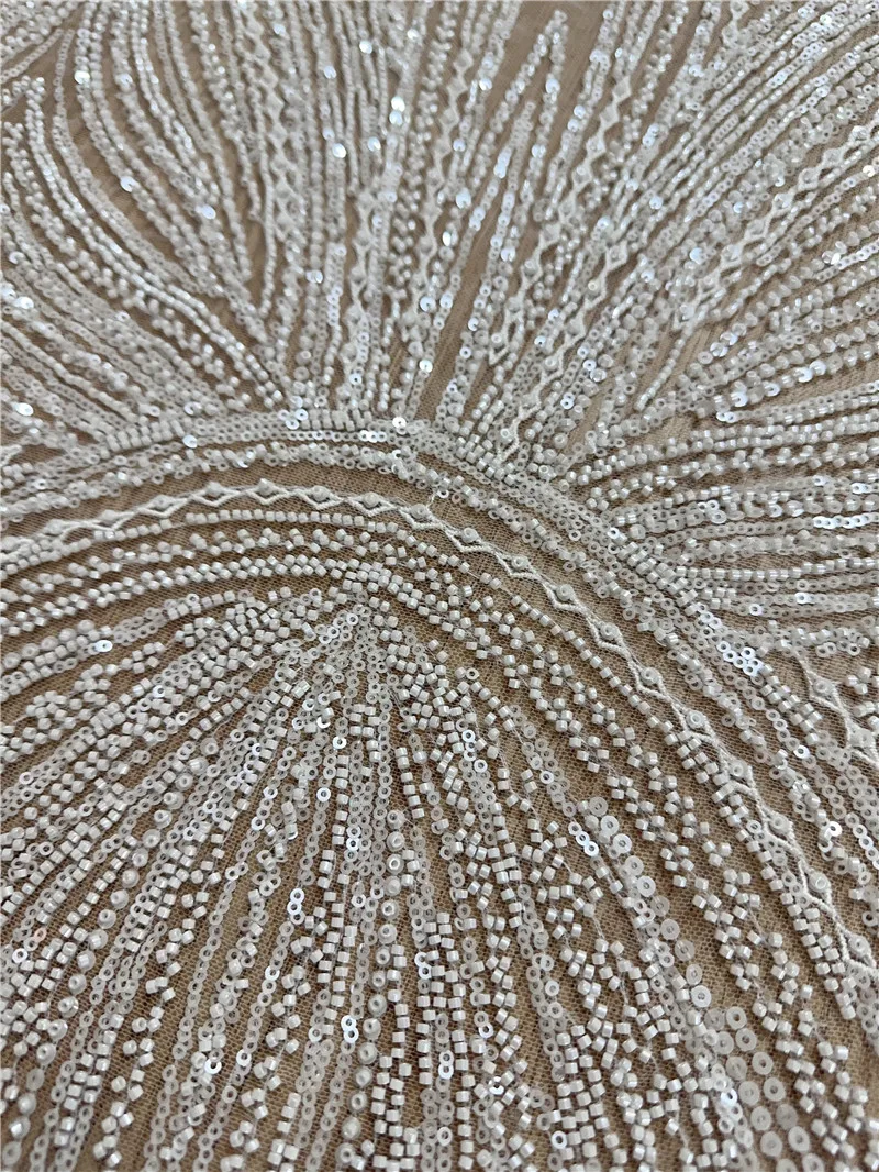 2024 Latest High Quality White Beaded Sequins Embroidery Lace Fabric Unique Wedding Dress Lace Fabric1 Yard