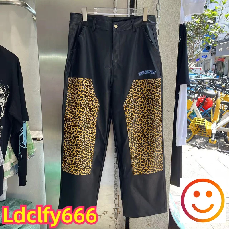 Reflective Leather Black Straight Pants Embroidery Yellow Leopard Print Patch Trousers Men Women Four Seasons