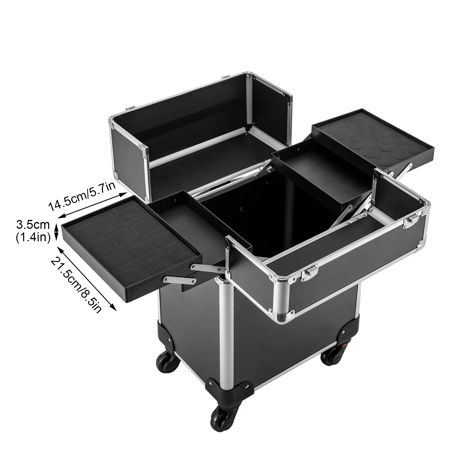 Rolling Makeup Train Case Large Storage Cosmetic Trolley 4 Tray with Slide Rail Salon Barber Travel Trunk Box Key Swivel Wheels