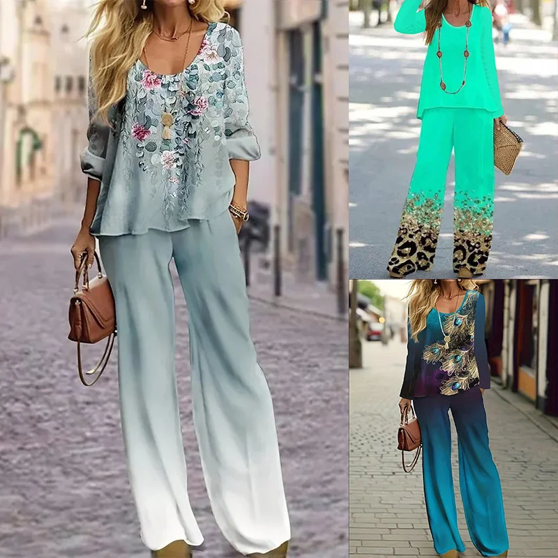 

Women's Wide Leg Pants Suit Casual Loose O-Neck Long Sleeve Printing Top Mid Waist Ankle-Length Pants Lady's Oversize Pants Sets