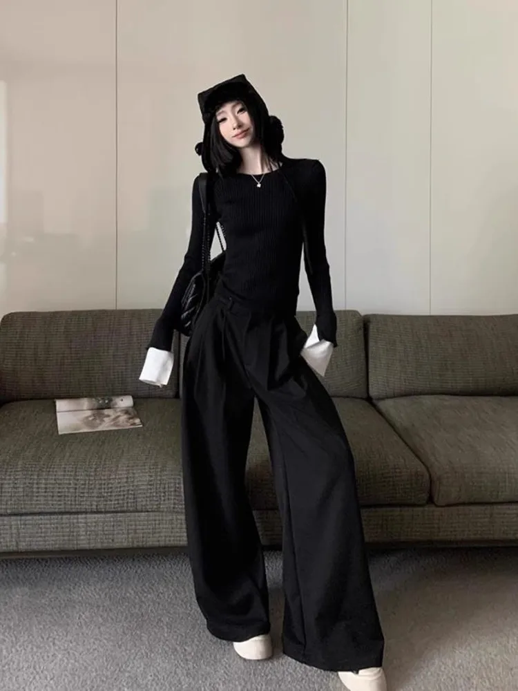 

High Waist Wide Leg Pants For Women New Loose Straight Black Trousers Autumn Double Buttons Casual Suit Pants Female