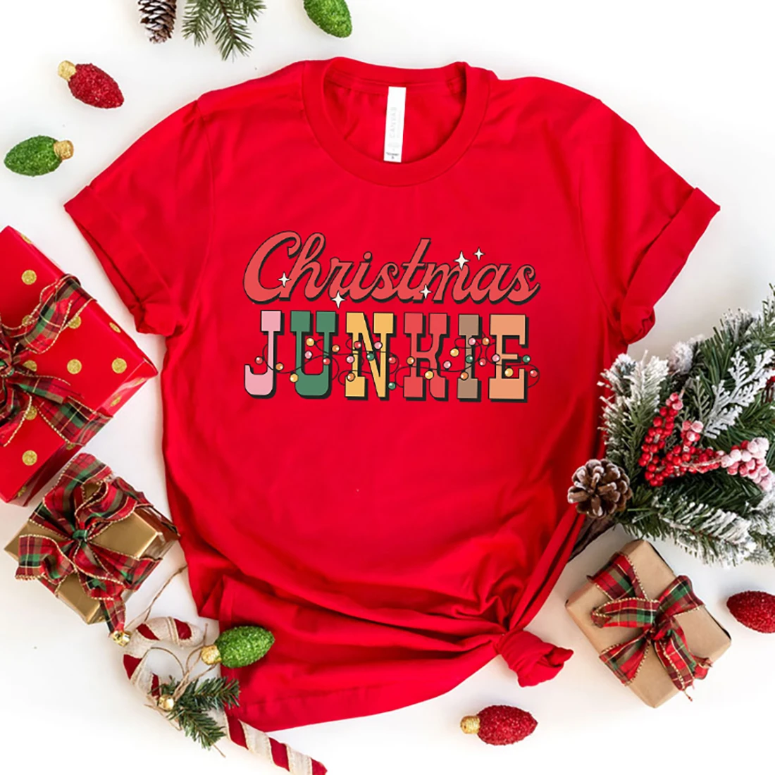 Christmas Junkie Letter Printed T-Shirts Fashion Harajuku Women Summer Tee Shirt Unisex Casual Short Sleeve Round Neck Tops