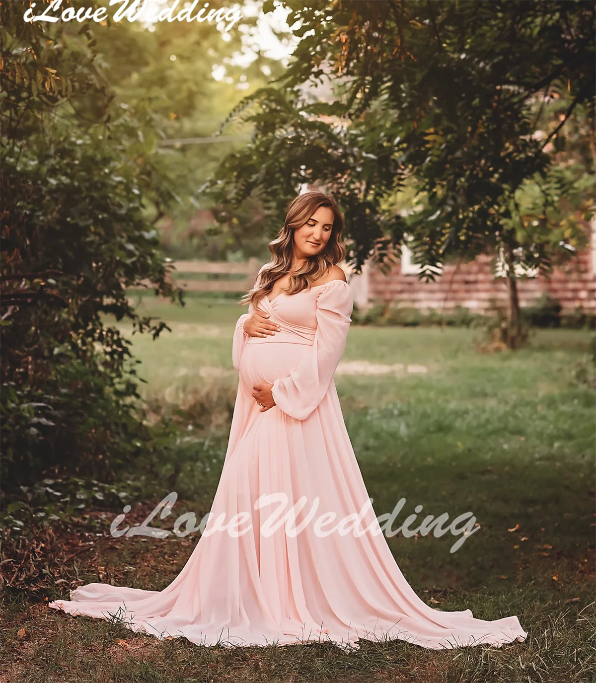 Womens Off-Shoulder Full Sleeves Chiffon Maternity Dress Sweetheart A-Line Boho Pregnancy Party Gowns Long Photography Dresses