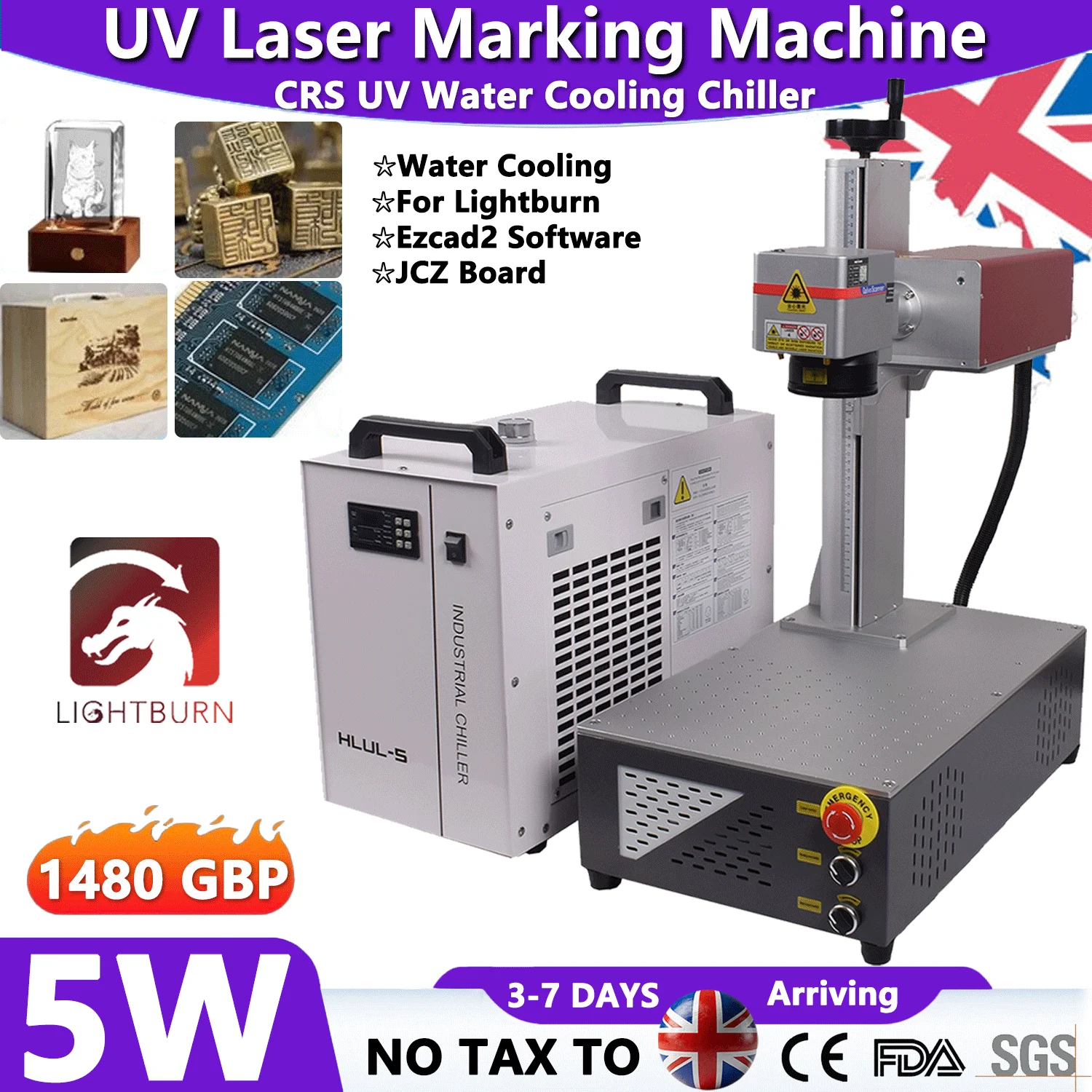 

5W CRS UV Laser Marking Machine Water Chiller 200*200mm For Leather Glass Wood Acrylic PVC Plastic Laser Source Engraver