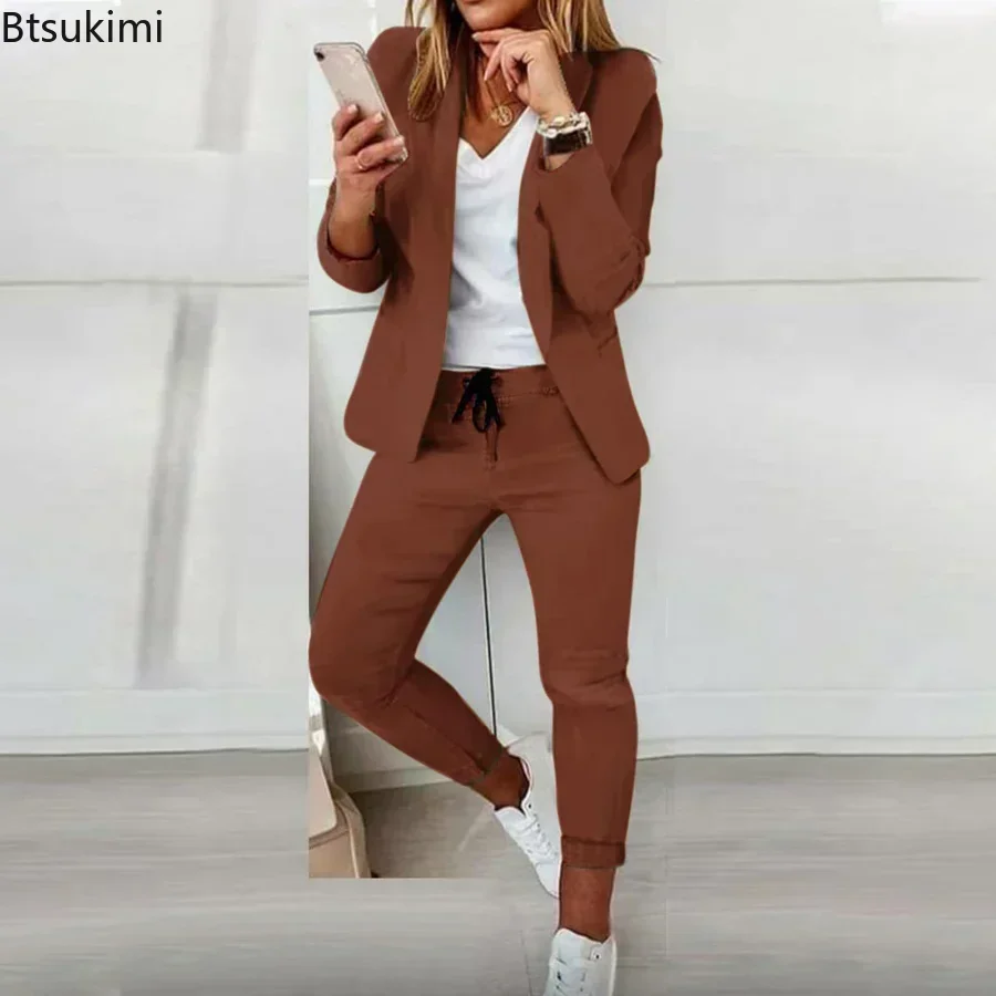 2024 Women\'s Formal Two Pieces Office Suit Sets Slim Blazer and Pants with Pocket Lapel Women Suits Office Sets 2PCS Tracksuit