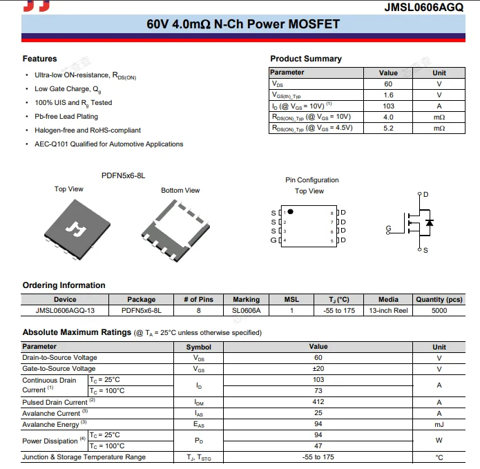 (10 pcs) JMSL0606AG-13 PDFN5x6-8L SL0606A - N-Channel MOSFET 60V 97A 4mΩ 78W JMSL0606AG