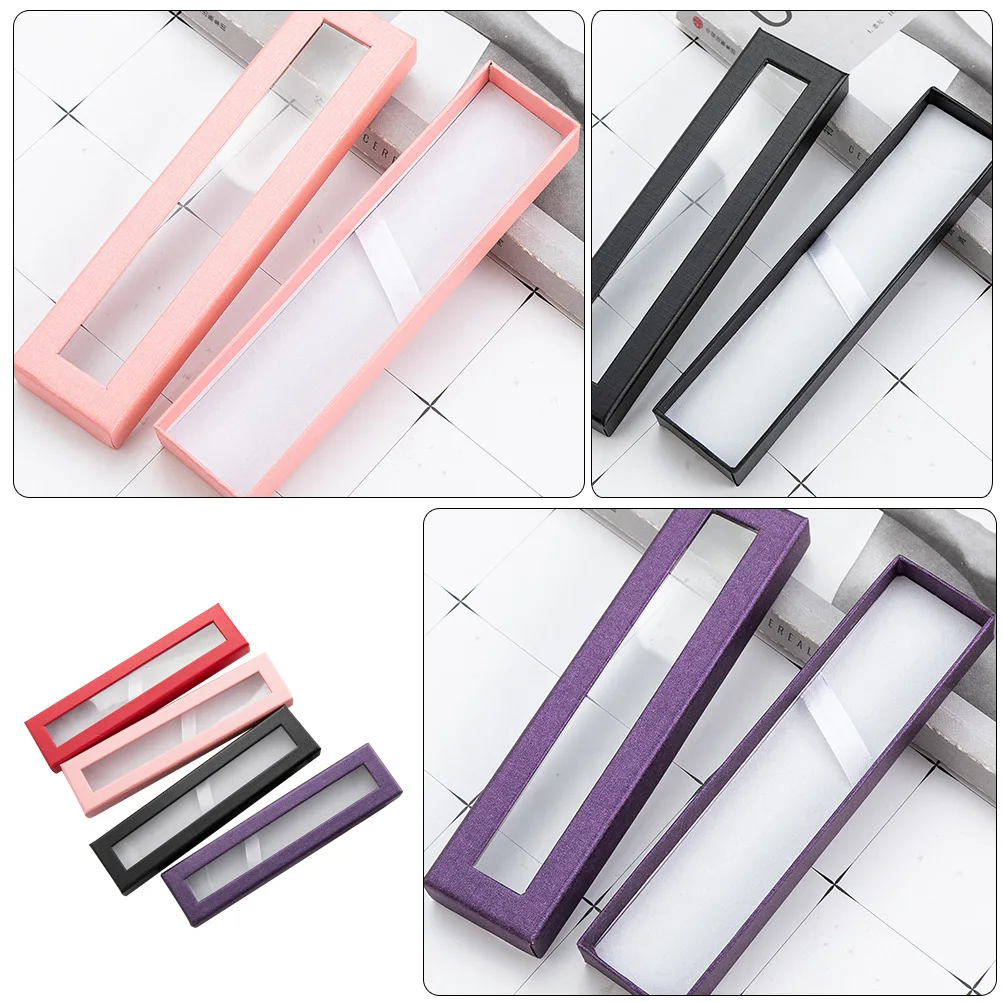 

4pcs Gift Pen Box Durable Paper Shake-proof Stain-resistant Storage Holder Transparent Window Empty Case for Pens