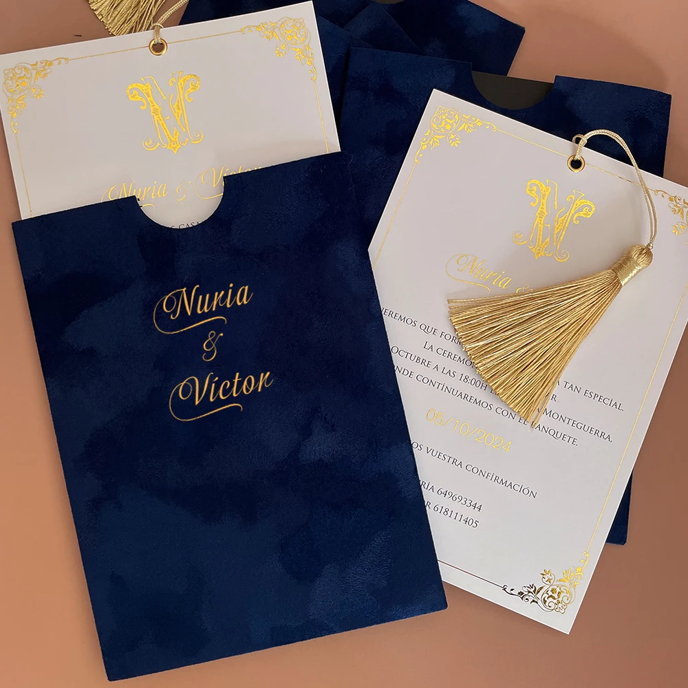 Imagem -05 - Veludo Decorado Envelope com Folha de Impressão Dourada Carta Personalizada Negócios e Casamento Azul Escuro