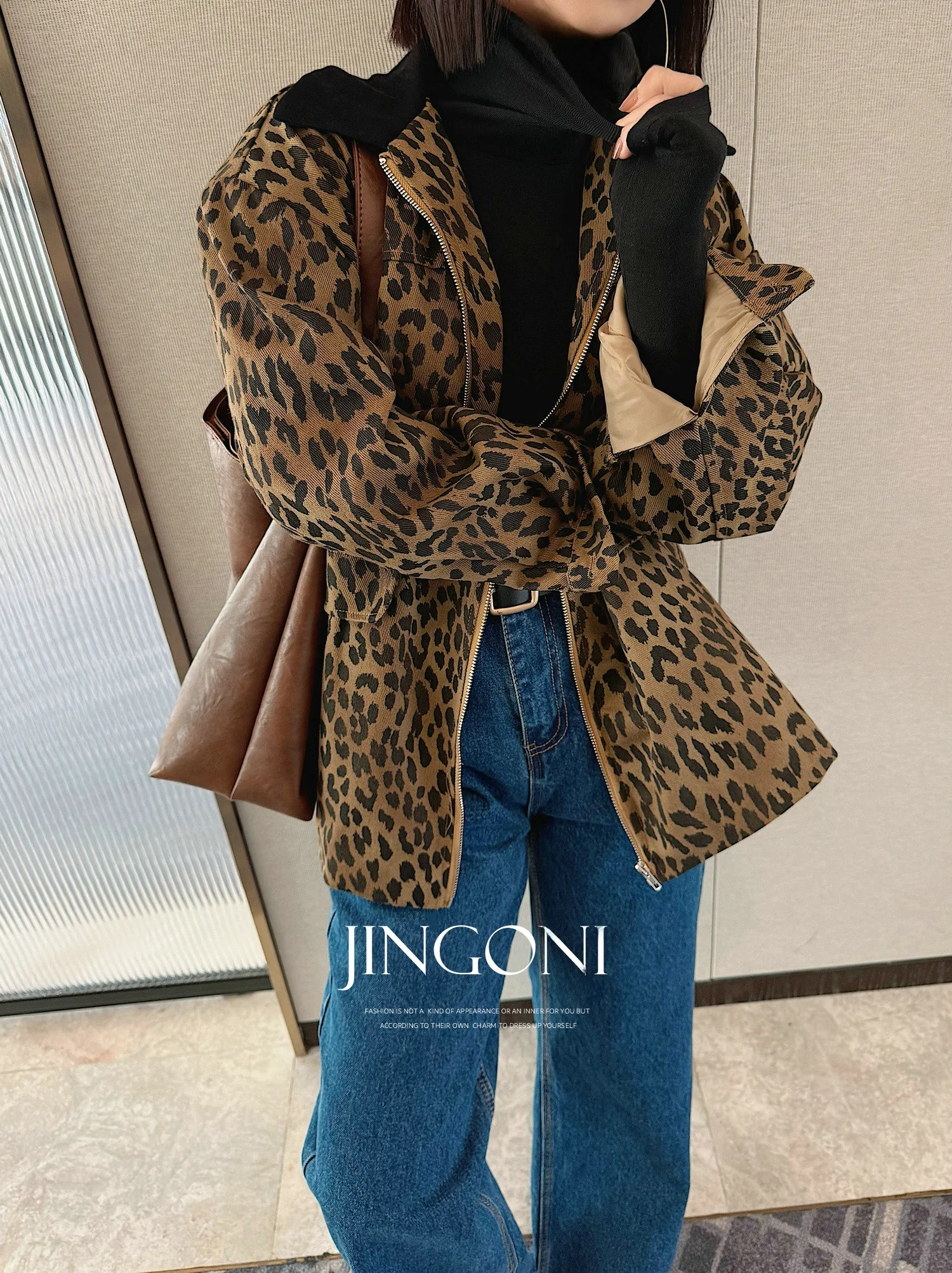 

JINGONI Women's Loose Motorcycle Jacket Spring 2026 Fashionable Hong Kong Style Patchwork Coat Straight Tube Polyester Fiber