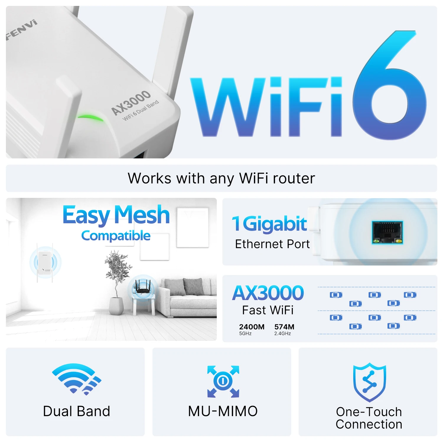 FENVI WiFi 6 AX3000 Repeater Dual Band 2.4/5Ghz 802.11ax Gigabit Wireless Signal Booster 4 High-gain Antenna Long Range Amplifer