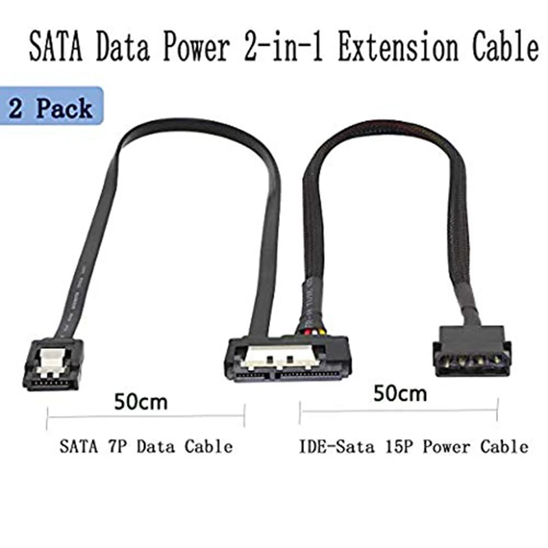 2 stuks SATA 6G datakabel, SATA Power 2-in-1 verlengsnoer, LP4 IDE naar SATA 15P vrouwelijk met seriële ATA III 7-pins vrouwelijk