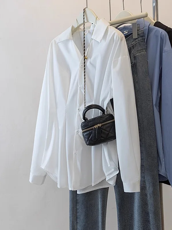 เสื้อคลุมสไตล์เกาหลีสำหรับผู้หญิงไซส์ใหญ่ แขนยาว สีขาว ปกคอพับ ดีไซน์กระชับเอว ช่วยปกปิดและดูอ่อนวัย