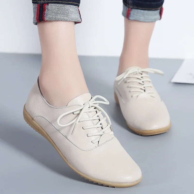 Spring Oxford Shoes Ballerina Flats Genuine Leather Moccasins Lace Up Loafers White Zapatos De Mujer Sneakers Tenis De Moda Traf