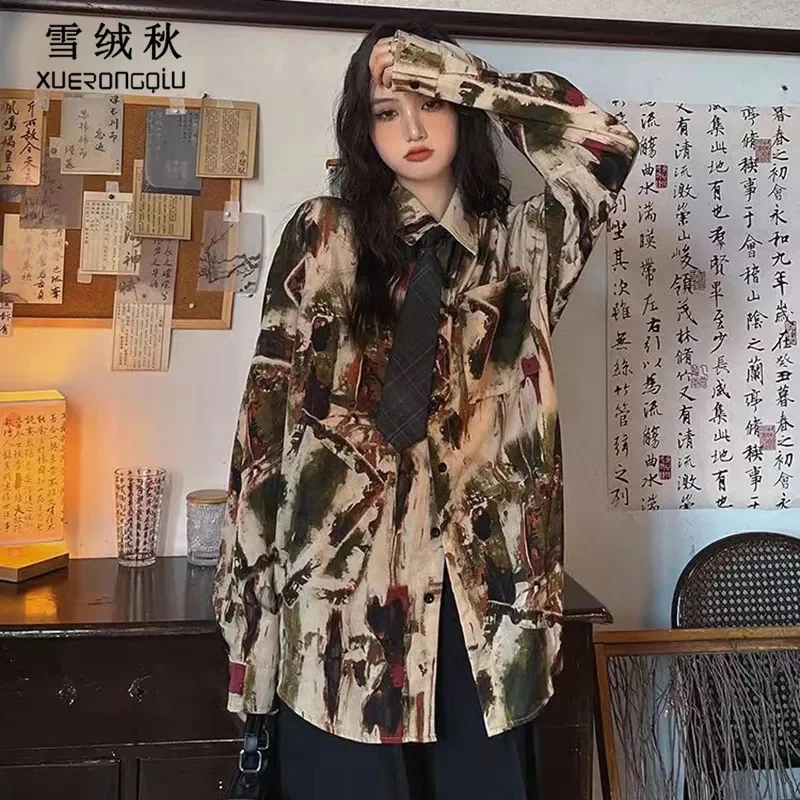 Hong Kong Style Personalized Wide oil Painting 2024 Autumn New Loose American Retro Shirt top tie Long Sleeved Shirt Commuting