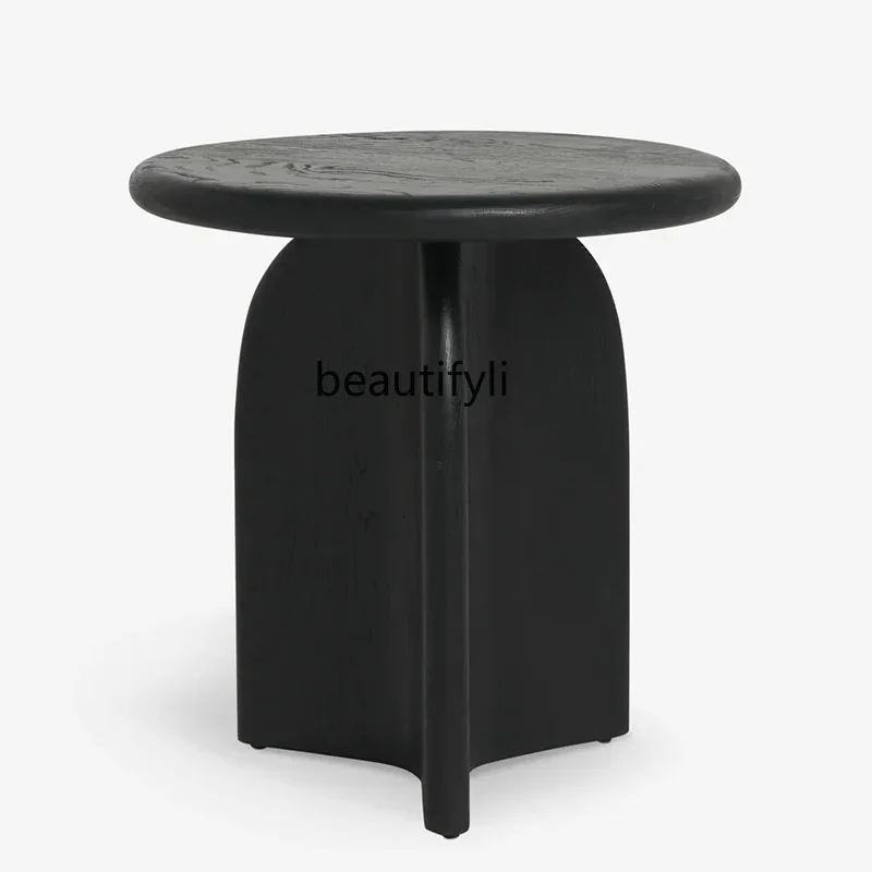 

zzCharcoal Black Solid Wood round Tea Table Small Apartment Living Room Home Log Silent Wind Bedside Table living room furniture