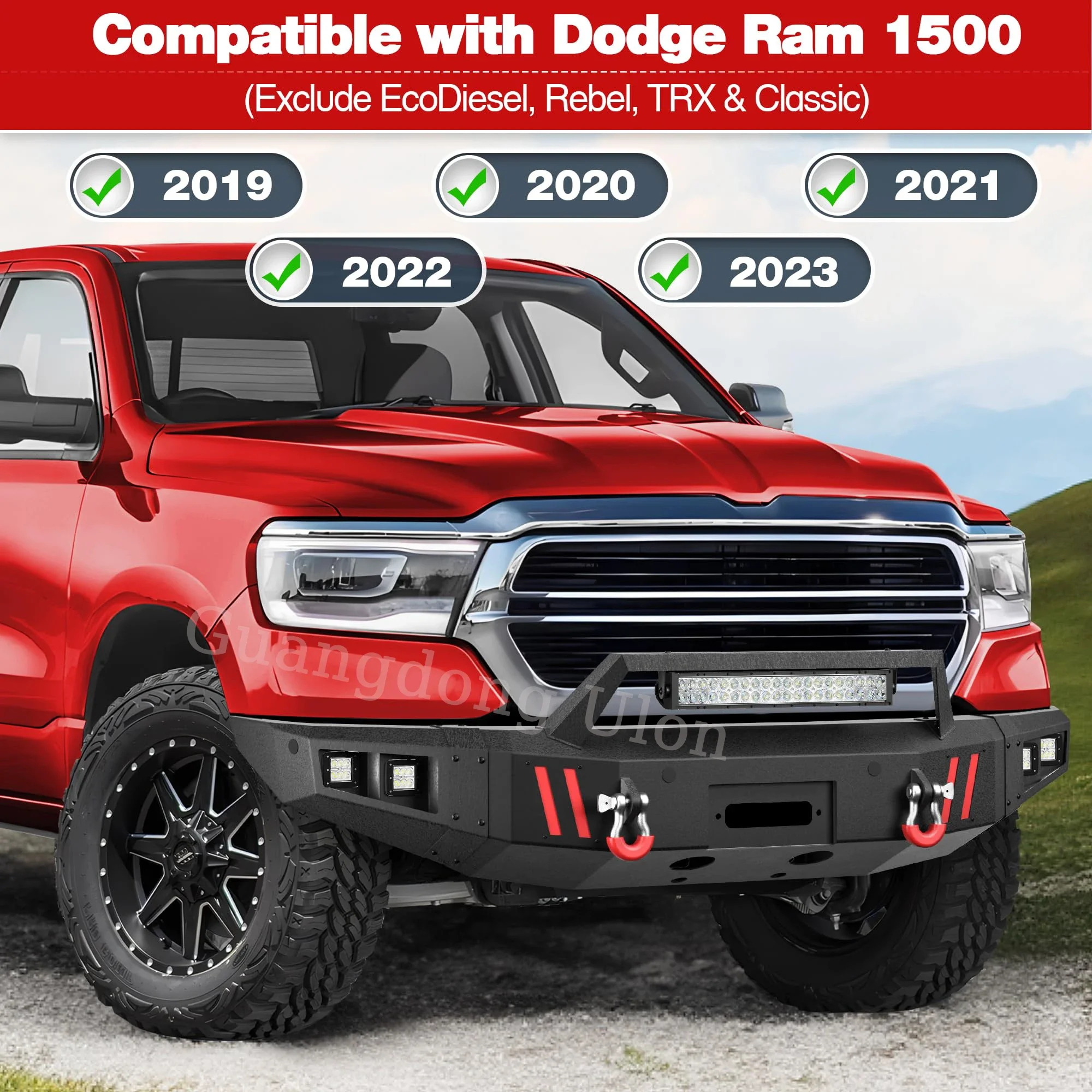 Front Bumper For Ram 1500 2019-2024 (Exclude Classic & Rebel), Textured Black With Winch Plate, D-Rings, 144W LED Lights