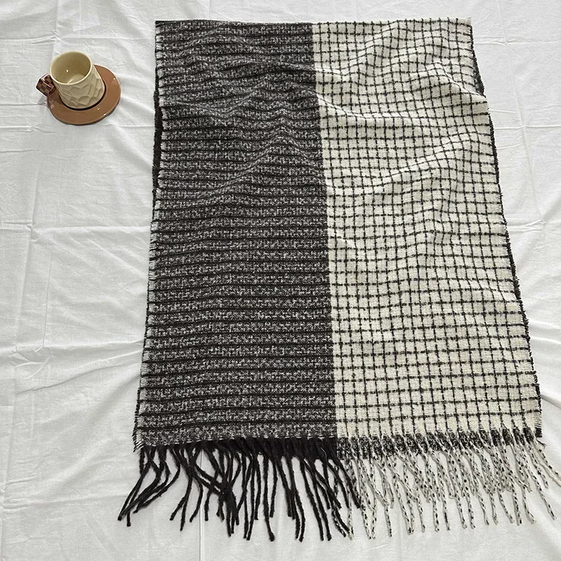 2023Winter New Artistic Color Block Imitation Cashmere Plaid Women's Scarf Soft Layered Plaid Shawl CoupleDouble sided Warm Neck