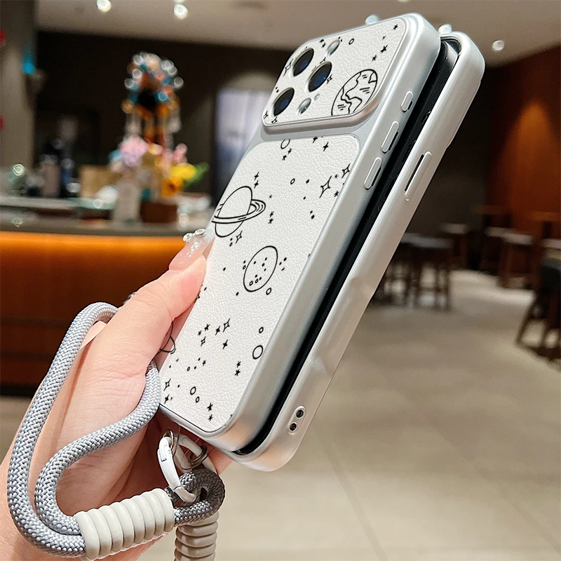 Matte Leather Texture Phone Case For iPhone 17 16 15 14 13 Pro Max Cartoon Astronaut Pattern Wrist Strap Lanyard Soft TPU Cover view 6
