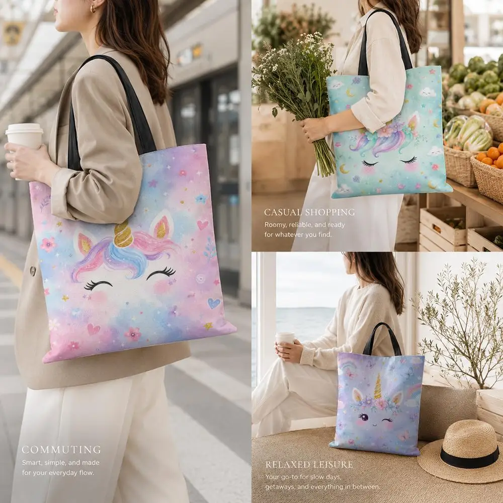 Unicorn Floral Storage Bags Canvas Tote Bag Large Double-Sided Print Daily Commute School Fashio0 Shoppingn Casual Style&Gift