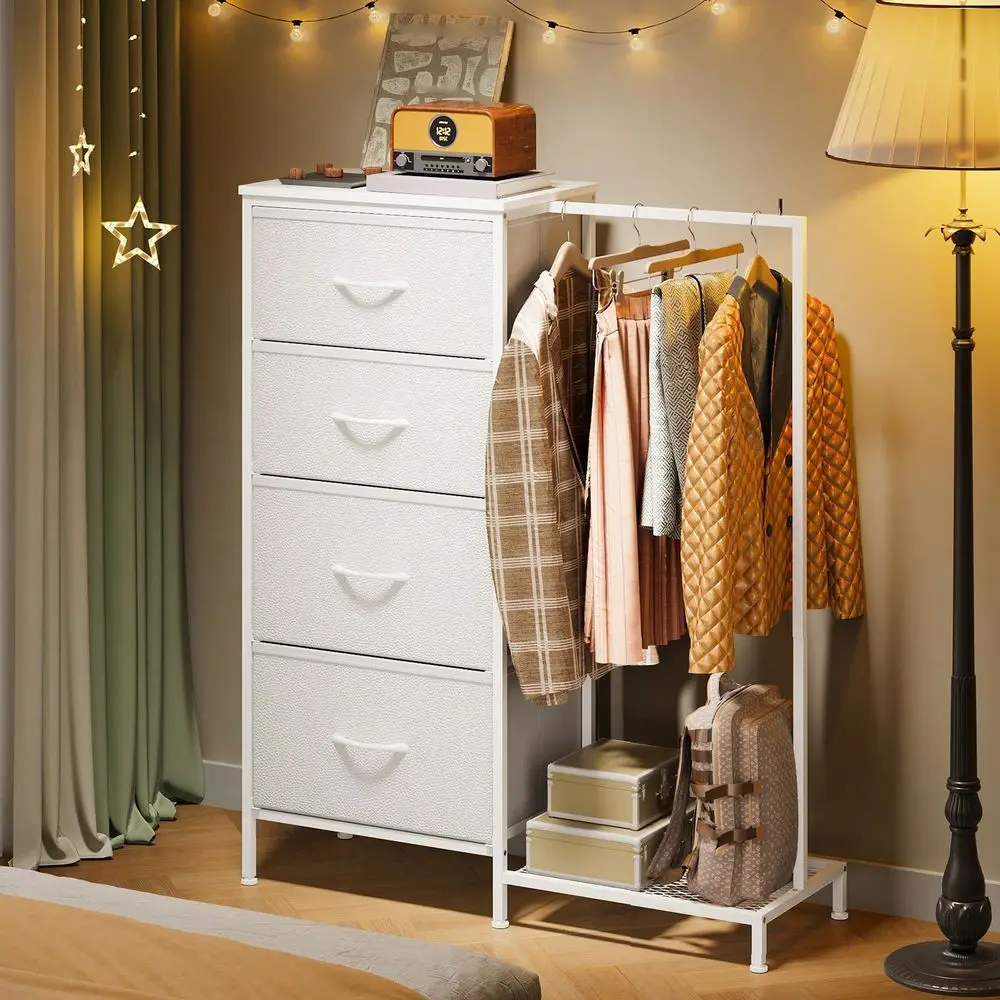 Dresser For Bedroom With 4 Fabric Drawers, Fabric Dressers Chest Of Drawers With Clothes Rack, Wooden Top, Grid Panel, Closet,