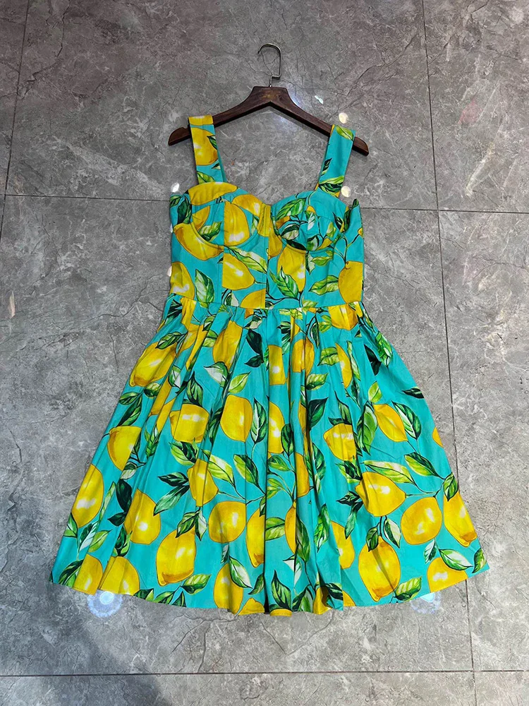 JUNLINNA 100% Cotton Lemon Printing Dress Summer Beach Holiday Spaghetti Strap Above Knee Vestidos Sweet Wear