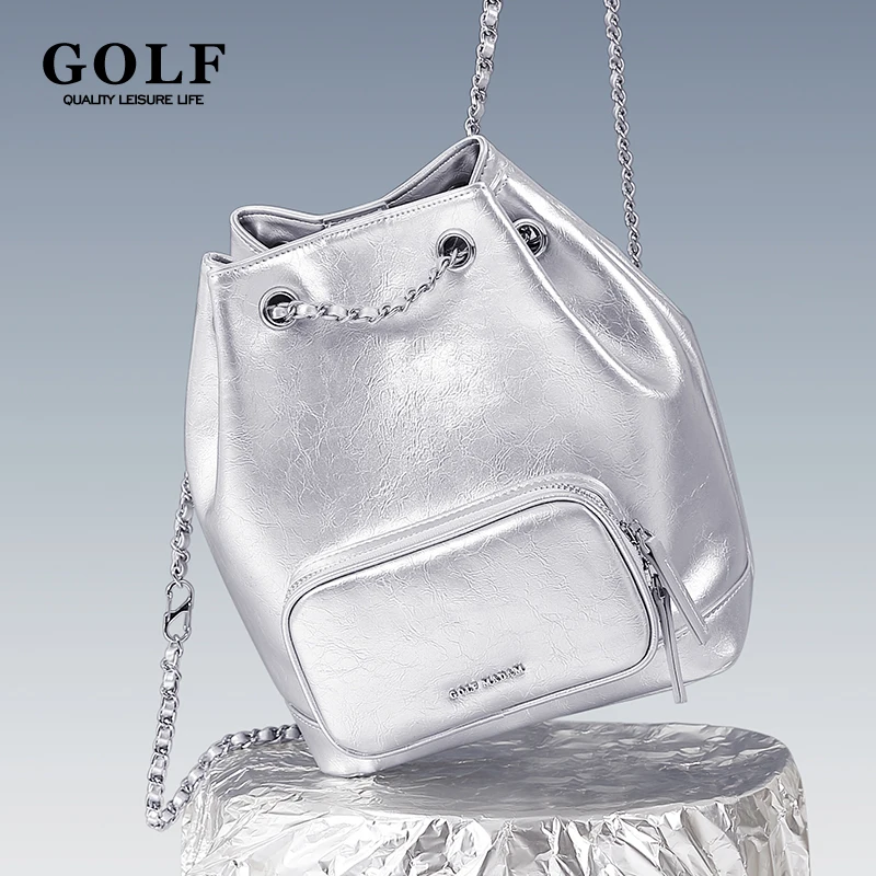 GOLF srebrny plecak damski pu skórzany miękki plecak ze sznurkiem torebka Streetstyle kabriolet małe torby typu Crossbody moda 2024