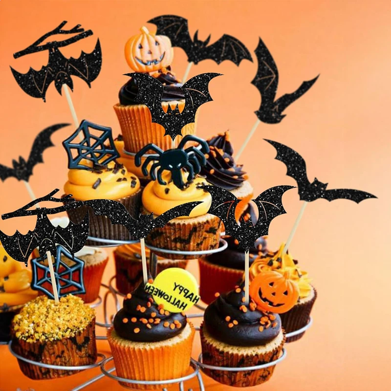 12/24 Stück Halloween Fledermaus Cupcake Topper Schwarz Glitzer Fledermaus Cupcake Picks für Kinder Halloween Geburtstag Party Kuchen Dekoration Lieferungen – Detail 1